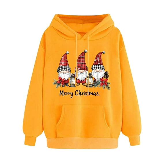 Blouse for Women Plus Size Hooded Christmas Printed Long Sleeved Sweatshirt Yellow XXL