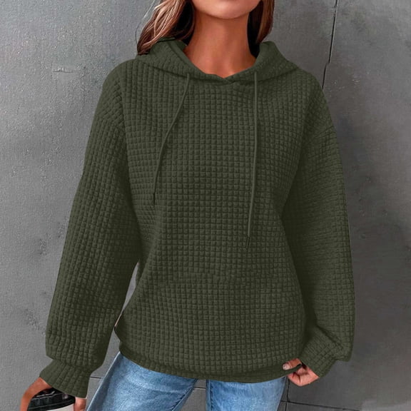 Blouse for Women Plus Size Hooded Waffle Plain Long Sleeve Round Neck Casual Hoodie Sweatshirts Army Green XXL