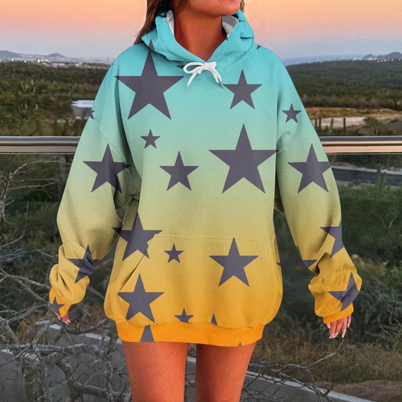 Blouse for Women Plus Size Long Sleeve Hooded Gradient Star Printed Casual Blouse Sweatshirts Brown XXL