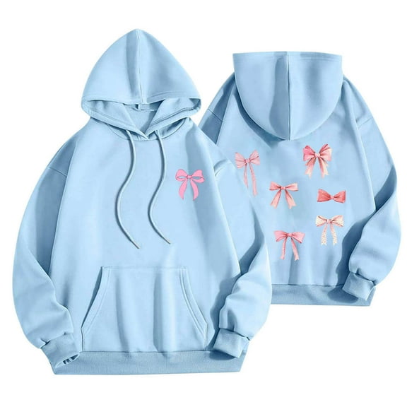 Blouse for Women Plus Size Long Sleeve Hoodies Bow Tie Print Casual Fall Loose Pullover Hooded Sweatshirt Light Blue XXL