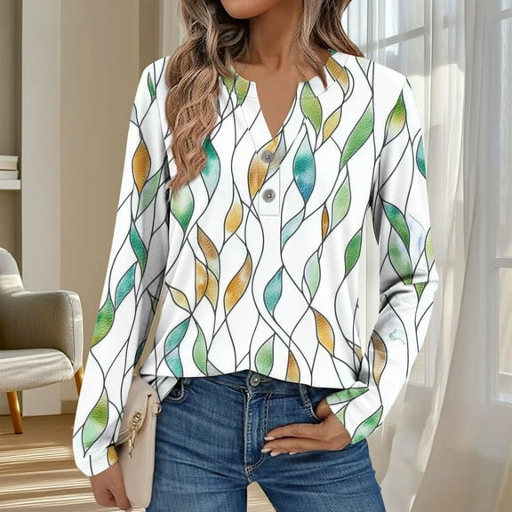 Blouse for Women Plus Size Long Sleeve V-Neck Printed Buttons T-shirt Casual Blouse Green XXL