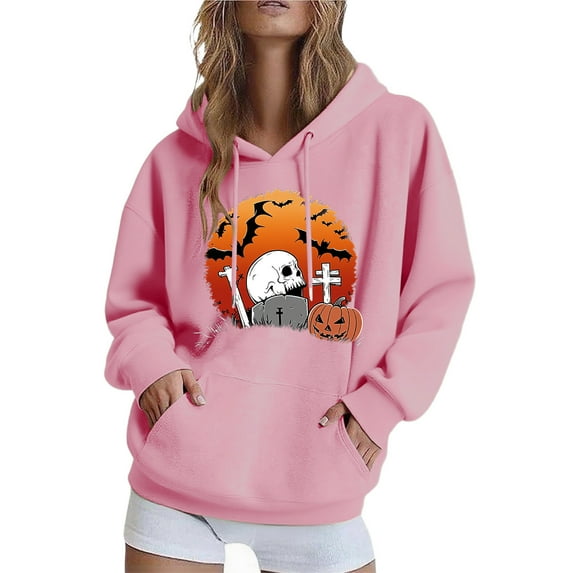 Blouse for Women Plus Size Long Sleeved Hooded Sport Hooded Print Halloween Winter Sweatshirt Pink XXXL