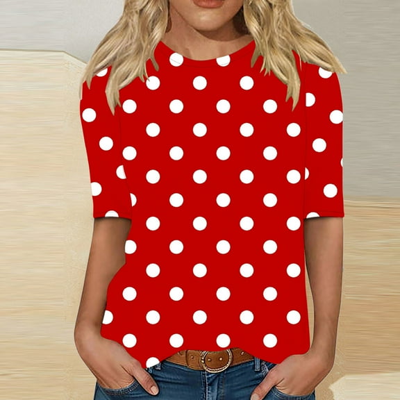 Blouse for Women Plus Size Short Sleeve Polka Dot Round Neck Pullover Casual Shirts Loose Blouse Red XXXL