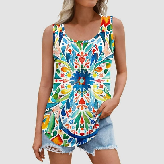 Blouse for Women Plus Size Sleeveless Round Neck Floral Printing Summer Casual Tee Tank Multicolor XXL