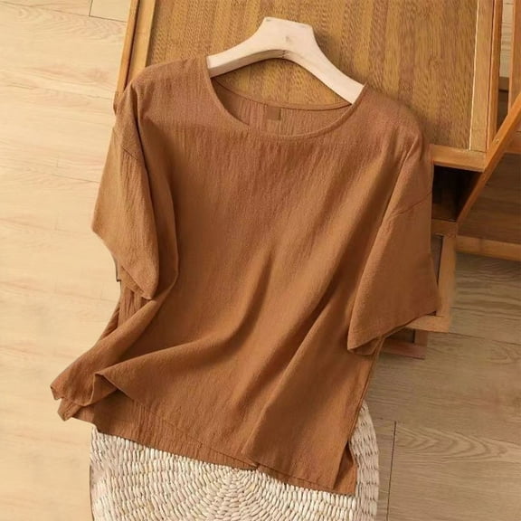 Blouse for Women Short Sleeve Round-Neck Solid Color Casual Loose T-Shirt Brown M