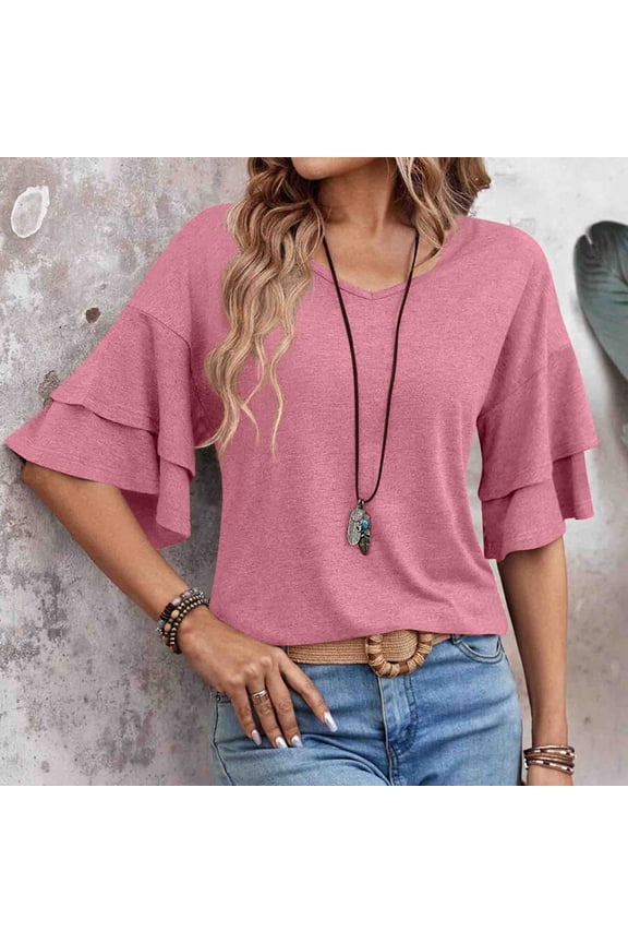 Blouse for Women Short Sleeved Solid V-neck Casual Double Layered Sleeve Loose T-shirt Top Pink M