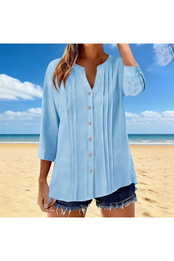 Blouse for Women V Neck 3/4 Sleeve Casual Streetwear Button Down Pleated Front Loose Fit Solid Lightweight Linen Texture Breathable Summer Tunic Top