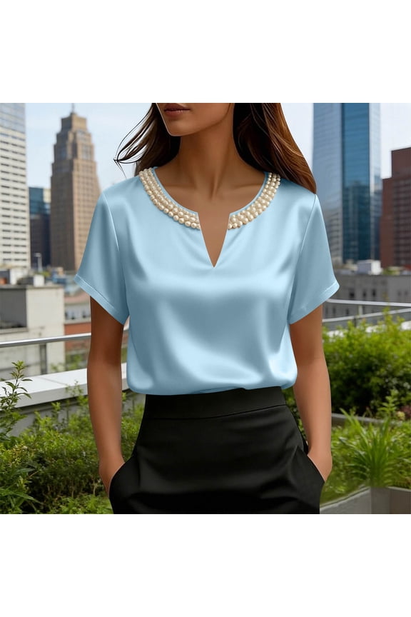 Blouse for Women V Neck Short Sleeve Dressy Loose Fit Layered Pearl Beaded Neckline Satin Fabric Soft Breathable Officewear Luxury Style Evening Tops