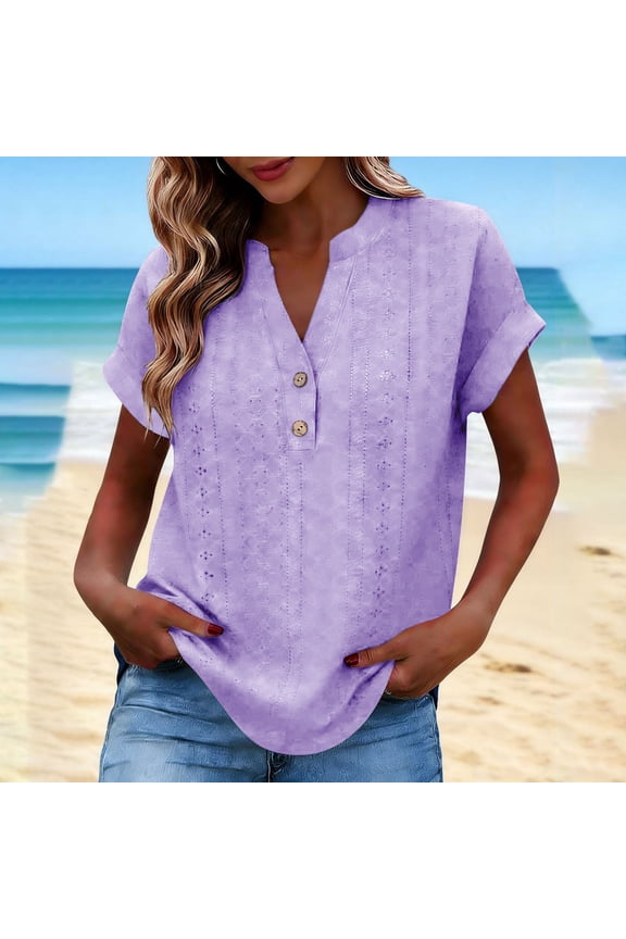 Blouse for Women V Neck Short Sleeve Fashion Loose Fit Eyelet Lace Detailed Pattern Breathable Fabric Summer Beach Tunic Top Casual Apparel