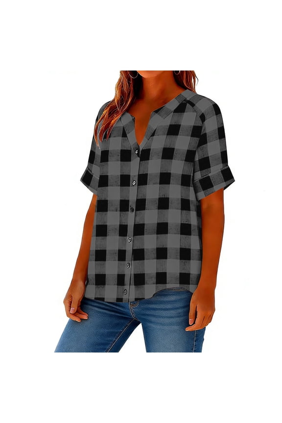 Blouse for Women V Neck Short Sleeve Fashion Loose Fit Large Checkered Pattern Button Down Breathable Soft Summer Tunic Tops