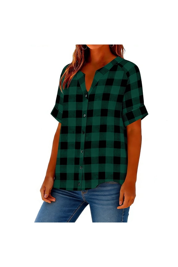 Blouse for Women V Neck Short Sleeve Fashion Loose Fit Large Checkered Pattern Button Down Breathable Soft Summer Tunic Tops