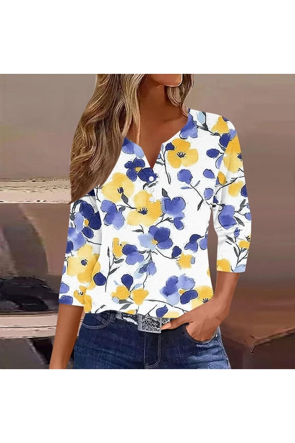 Blouse for Women V Neck Three Quarter Sleeve Boho Style Artistic Floral Print Henley Neckline Soft Stretchy Fashion Tunics