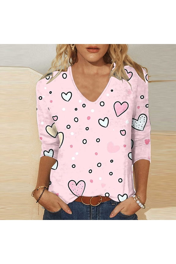 Blouse for Women V Neck Three Quarter Sleeve Casual Fashion Slim Fit Swirl Heart Graphic Soft Breathable Stretchy Fabric Daily Loungewear Top