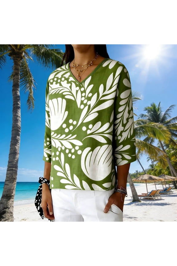 Blouse for Women V Neck Three Quarter Sleeve Vintage Loose Fit Botanical Leaf Print Lightweight Breathable Fabric Casual Officewear Top