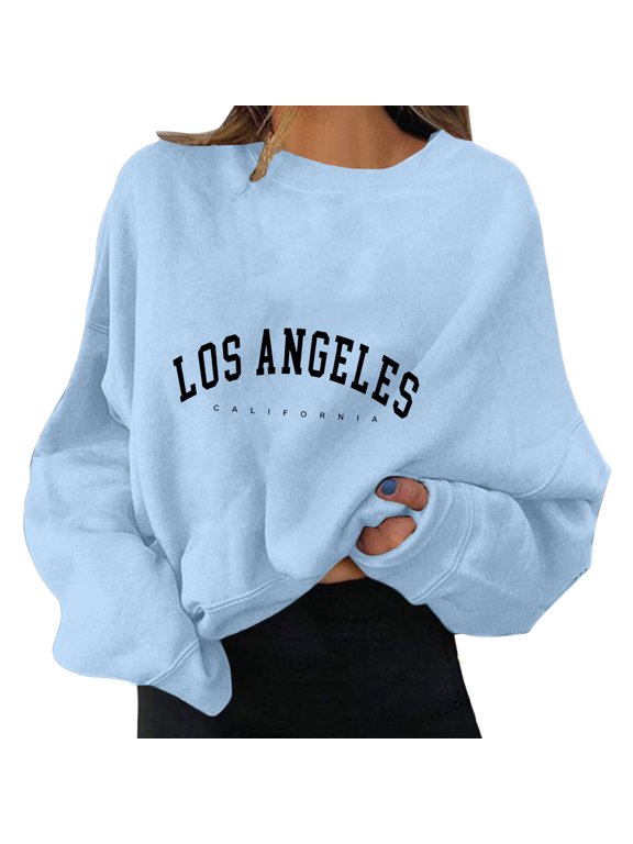 Blouse for Women Winter Loose Fit Crew Neck Long Sleeve Blouson One Shoulder Graphiprint Leisure Cotton Tunics Tops Top(Light Blue,S)