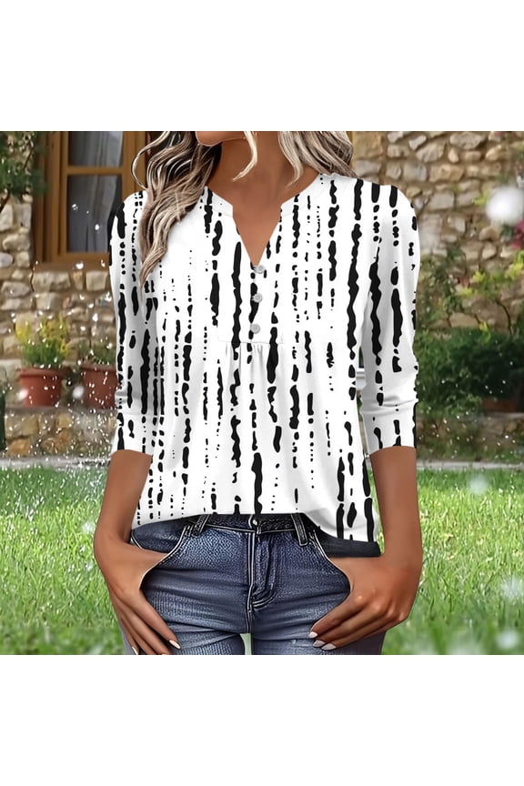 Blouse for Women Gradient Ombre Printed V Neck 3/4 Sleeve Button Down Loose Fit Casual Office Workwear Tunic Top