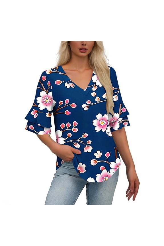 Blouse for Women V-Neck Layered Ruffle Short Sleeve Tropical Monstera Leaf Print Loose Fit Casual Summer Beach Style Breathable Chiffon Top
