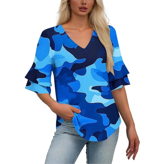 Blouse for Women V-Neck Layered Ruffle Sleeve Hibiscus Floral Graphic ...