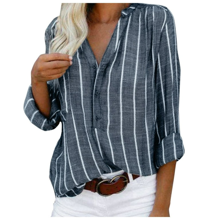 Women's Print Striped Long Sleeve V-Neck Shirt Women's Print Striped Long Sleeve V-Neck Shirt
