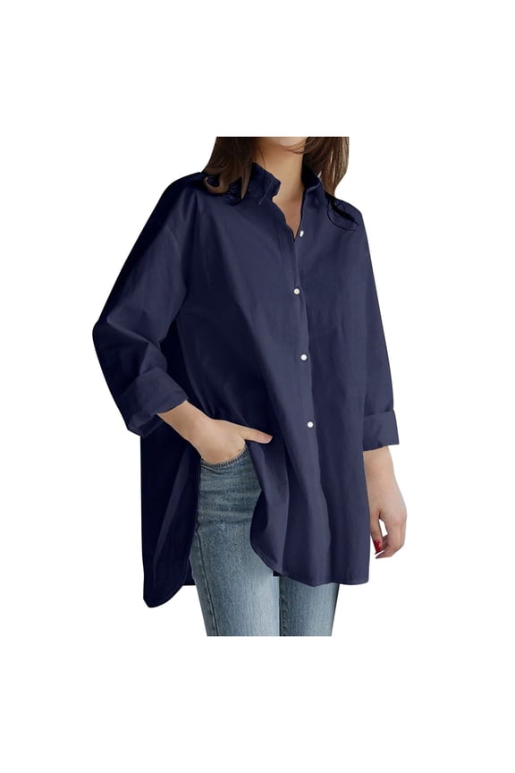 Blouses Button-Down Shirts for Women Long Sleeve Plus Size Solid Pocket Loose Blouse Casual Button Shirt Top