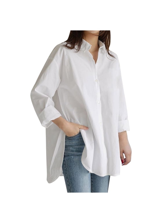 Blouses Button-Down Shirts for Women Long Sleeve Plus Size Solid Pocket Loose Blouse Casual Button Shirt Top