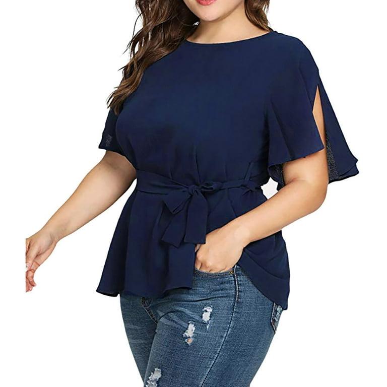 Blouses For Ladies Casual Formal Plus Size Women s Solid Plus Size Short Sleeve Shirt Belted Knot Blouse Tops Chiffon Blue Walmart