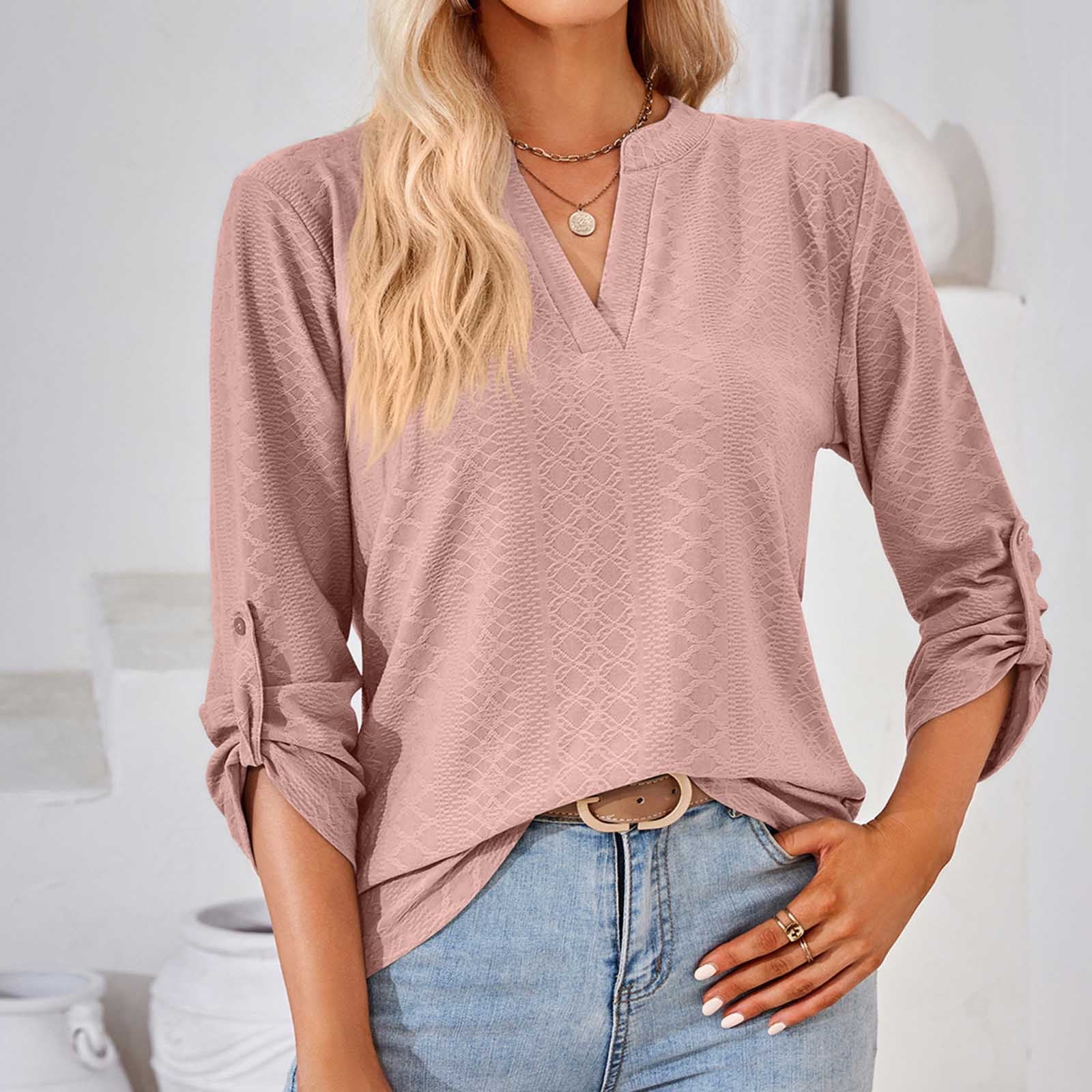 Blouses For Women Business Casual Clearance Long Sleeve Shirts V Neck Solid Blouses Dressy