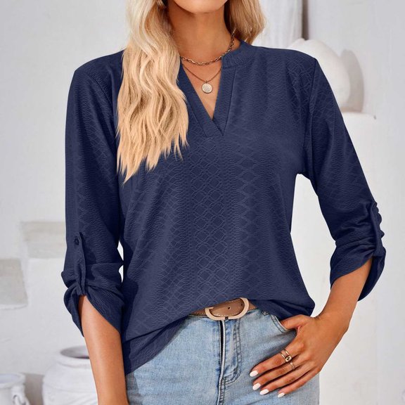 Blouses For Women Business Casual Long Sleeve Shirts V Neck Solid Blouses Dressy Casual Tunic Tops Navy XL