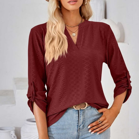 Blouses For Women Business Casual Long Sleeve Shirts V Neck Solid Blouses Dressy Casual Tunic Tops Wine XXL