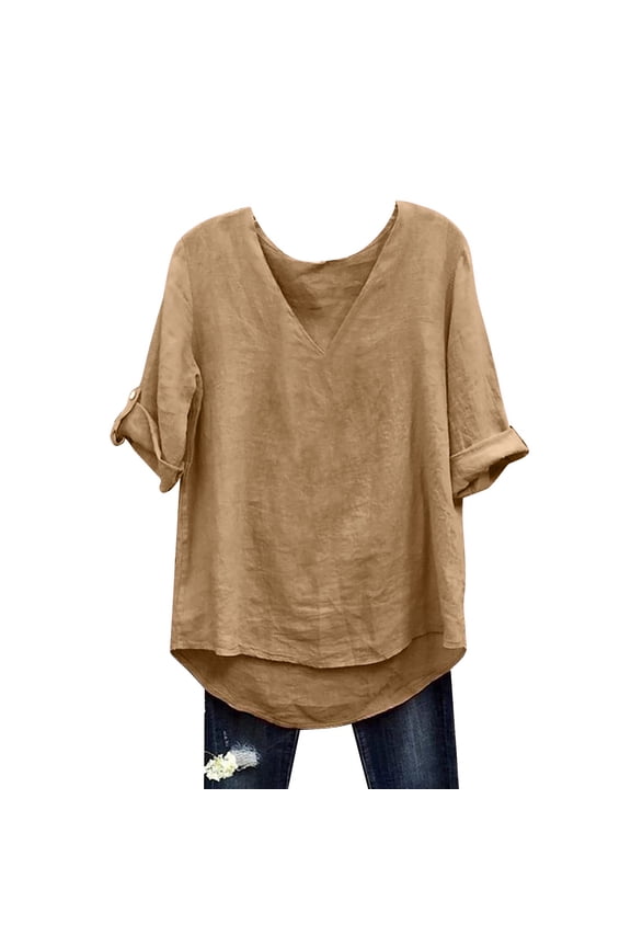 Blouses For Women Casual Loose Fashion Solid Color Cotton Blended Mid Sleeve Womens Tops