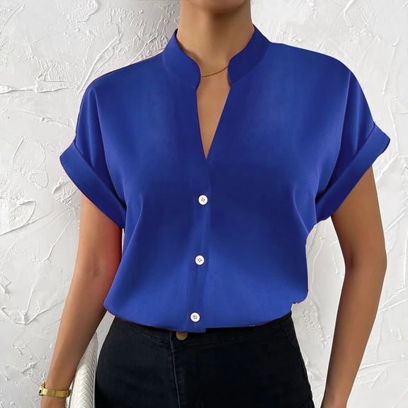 Blouses For Women Dressy Casual Fashion Simple V Neck Shirt, Solid Button Short Sleeve Polyester Top, Blue 3XL, Size S-3XL