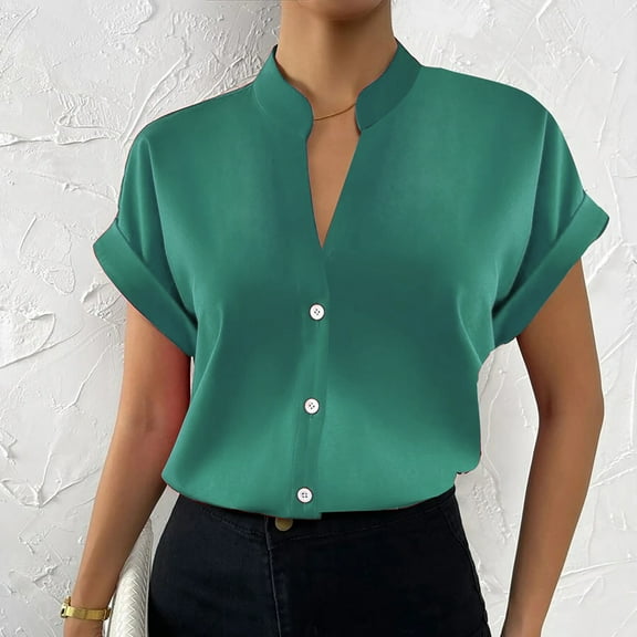 Blouses For Women Dressy Casual Fashion Simple V Neck Shirt, Solid Button Short Sleeve Polyester Top, Green M, Size S-3XL