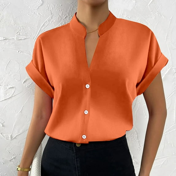 Blouses For Women Dressy Casual Fashion Simple V Neck Shirt, Solid Button Short Sleeve Polyester Top, Orange L, Size S-3XL
