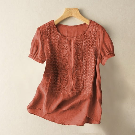 Blouses For Women Dressy Casual Fashionable Casual Solid Color Top, Pleated Cotton And Linen Shirt, Short Sleeve, Summer Wear , Orange L, Size M-3XL