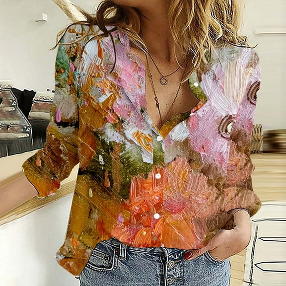 Blouses For Women Dressy Casual Floral Print Button Down Shirt, Lightweight Long Sleeve Casual Spring Summer Blouse 1pc , Orange 6XL, Size S-6XL