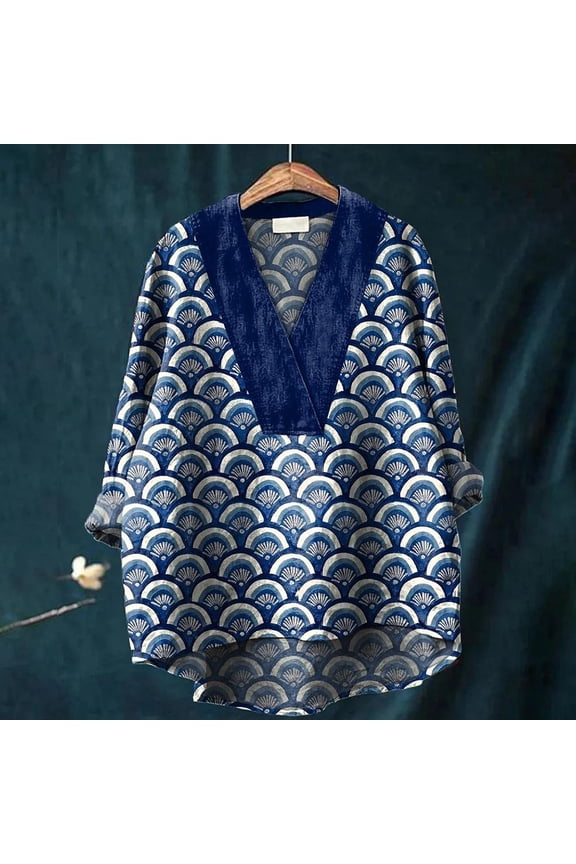 Blouses For Women Dressy Casual Japanese Geometric Pattern Print Shirt, V Neck Casual Cotton Linen Bubble Wrinkles Top 1pc , Blue L, Size S-4XL