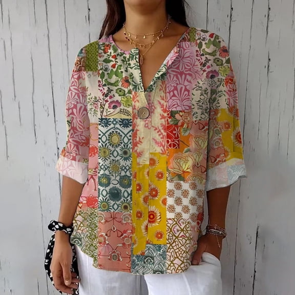 Blouses For Women Dressy Casual Ladies' Fashion Printed Top, Single Button Long Sleeve Bamboo Hemp Blended T-Shirt 1PC , Yellow L, Size S-6XL