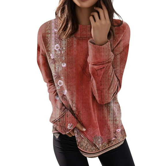 Blouses For Women Dressy Casual Long Sleeve Plus Size Crewneck Top, Loose Dressy Casual Trendy Tunic Little Terry Blouse 1pc , Red L, Size S-2XL