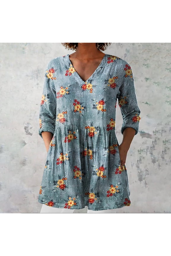 Blouses For Women Dressy Casual Printed Linen V Neck Shirt, Summer Casual Group Top, Exquisite Hemp 1pc, Blue L, Size S-3XL