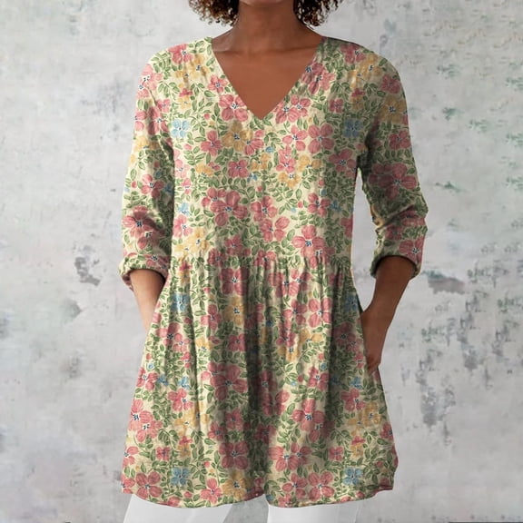 Blouses For Women Dressy Casual Printed Linen V Neck Shirt, Summer Casual Group Top, Exquisite Hemp 1pc, Yellow 2XL, Size S-3XL