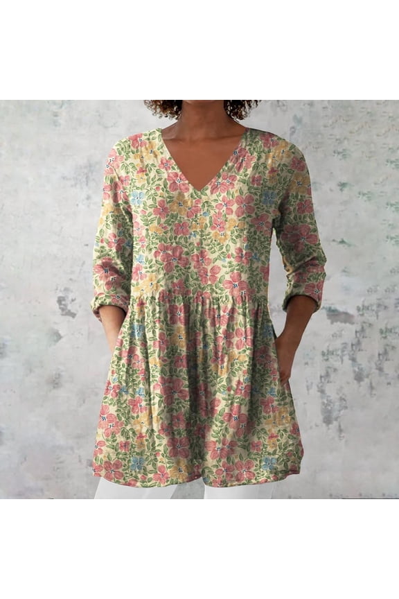 Blouses For Women Dressy Casual Printed Linen V Neck Shirt, Summer Casual Group Top, Exquisite Hemp 1pc, Yellow 2XL, Size S-3XL