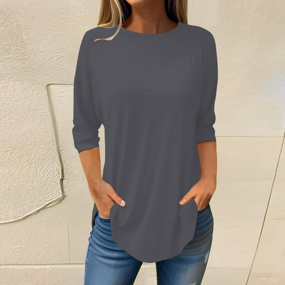 Blouses For Women Dressy Casual Pure Color Round Neck Top, Three Quarter Sleeve Fashion Casual Polyester Blouse 1x, Gray 5XL, Size S-5XL