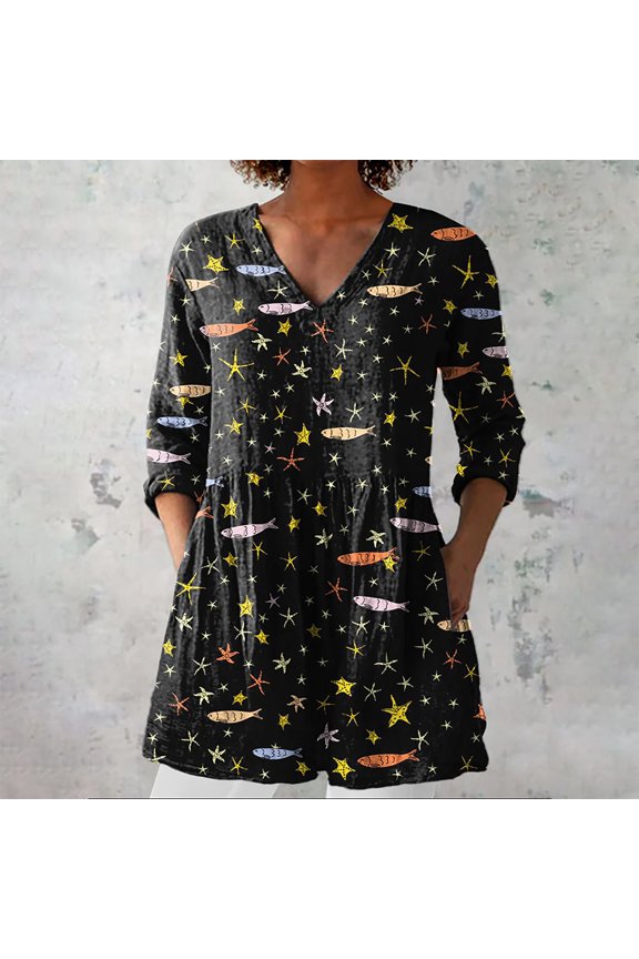 Blouses For Women Dressy Casual Summer Printed Group Shirt, Linen V Neck Casual Top, Exquisite Hemp 1pc, Black L, Size S-3XL