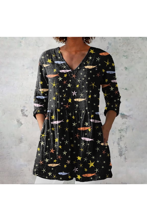 Blouses For Women Dressy Casual Summer Printed Group Shirt, Linen V Neck Casual Top, Exquisite Hemp 1pc, Black M, Size S-3XL