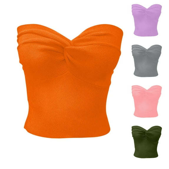 Blouses For Women Elegant Strapless Solid Color Knit Top Stretchable Tube Bandeau Bra Crop Pink Casual Summer Tops M