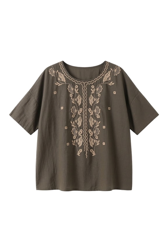 Blouses For Women Ethnic Style Embroidered Red Loose Fit Short Sleeve T Shirt For Summer Casual Linen Cotton Womens Tops