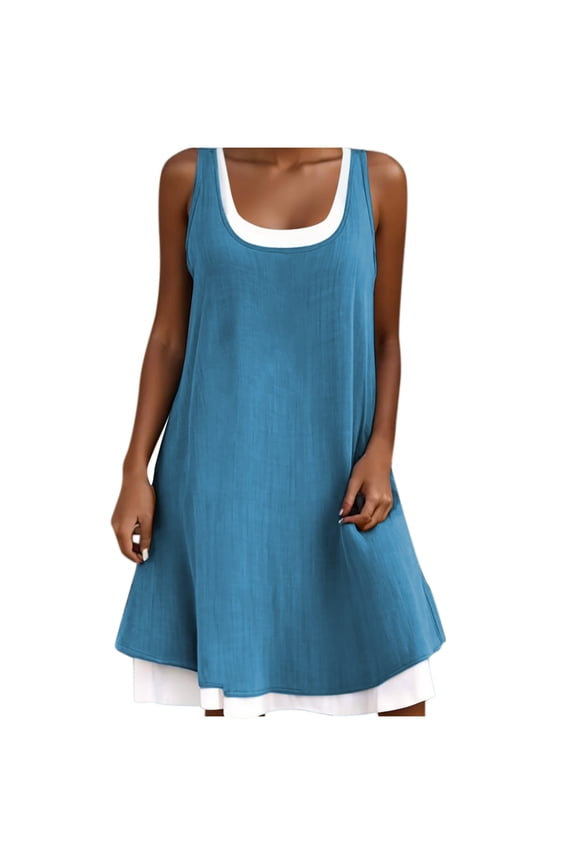 Blouses For Women, Linen Shirt Dress Casual Basic Tank Summer Beach Midi Sundresses Loose Crewneck Sleeveless Plus Size T Shirt Dress