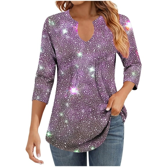 Blouses For Women Loose Casual 3/4 Length Sleeve Pullover Base Tops V Neck Pleated Comfortable Print Tee shirts (M, Purple-A)