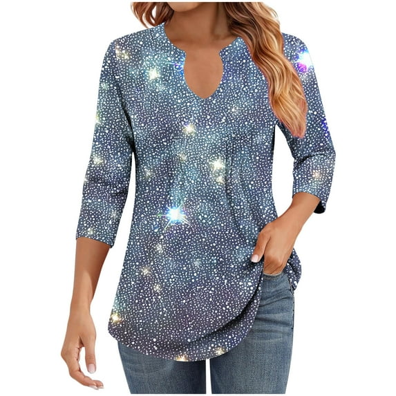 Blouses For Women Loose Casual 3/4 Length Sleeve Pullover Base Tops V Neck Pleated Comfortable Print Tee shirts (XL, Navy)