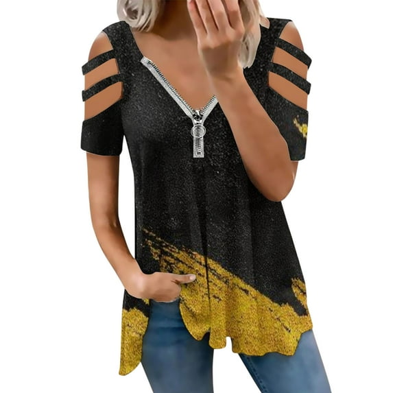 Blouses For Women Plus Size Fashion Tops For Women Western Shirt Zipper Pullover Short Sleeve Color Block V Neck Fashion Casual Top Color Blocking Print T Shirt Juniors Graphic Tops